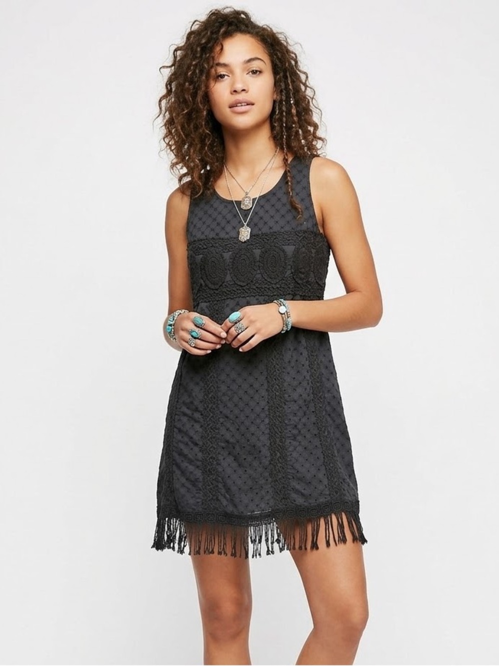 Boho Witchy Cotton Eyelet Fringe Midi Shift Dress Y2K Minimalist Whimsigoth